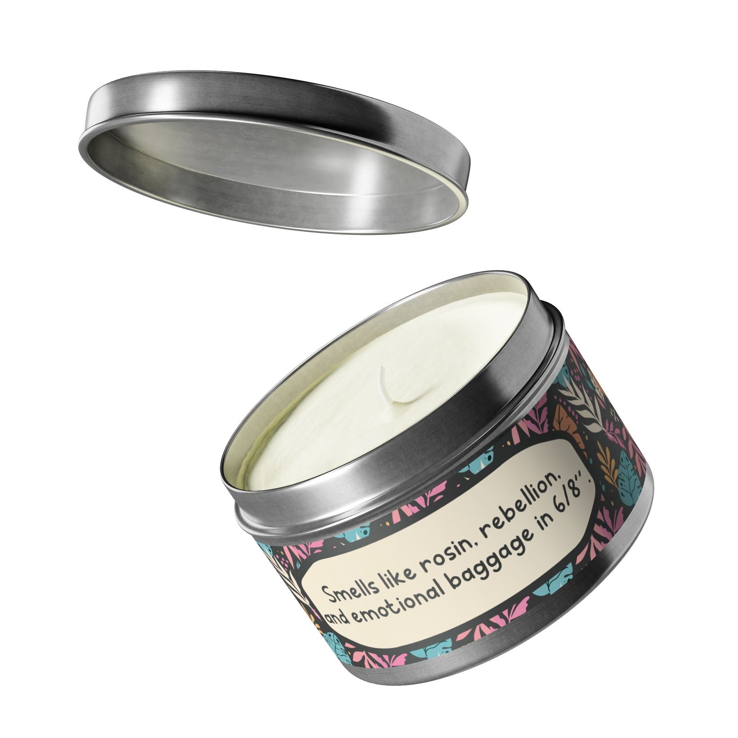 Smells like rosin, rebellion, and emotional baggage in 6/8"-Tin Candle- Summer edition