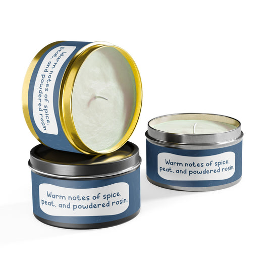 Warm notes of spice, peat, and powdered rosin-Tin Candle