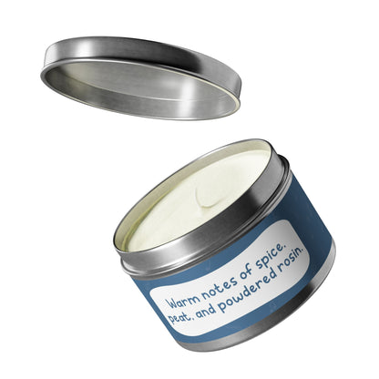 Warm notes of spice, peat, and powdered rosin-Tin Candle