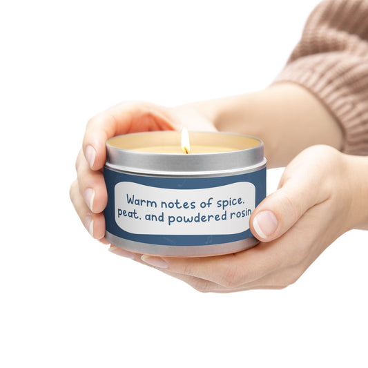 Warm notes of spice, peat, and powdered rosin-Tin Candle