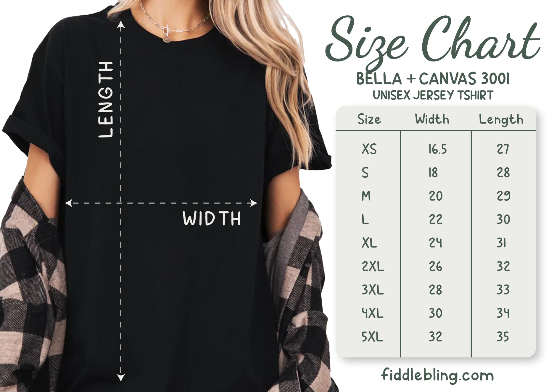 Black t-shirt with size chart for Bella + Canvas 3001 t-shirts