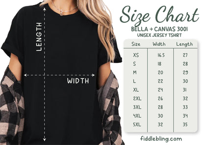 Black t-shirt with size chart for Bella + Canvas 3001 t-shirts