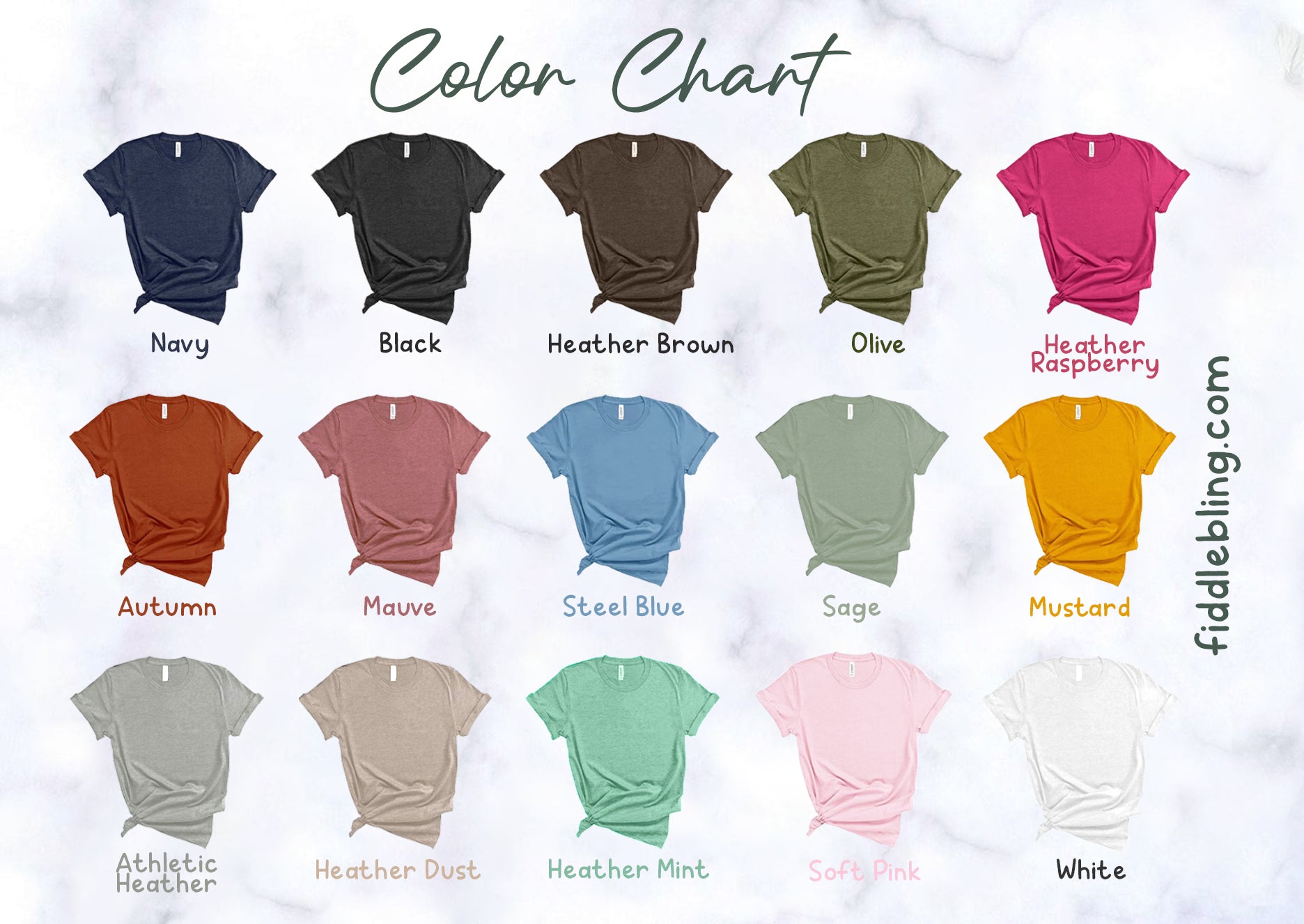 Color chart with various t-shirt colors on a white background
